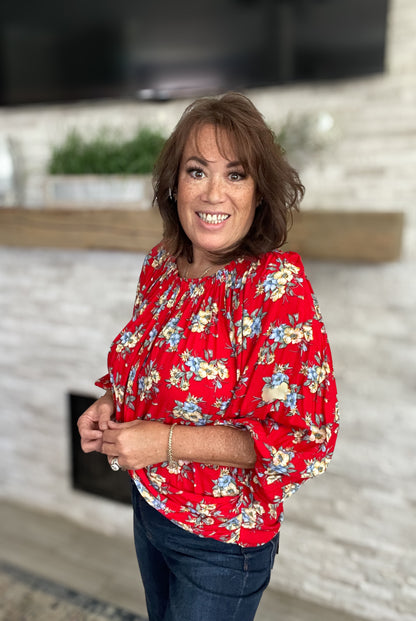 Red Floral Boho Blouse - Size Large