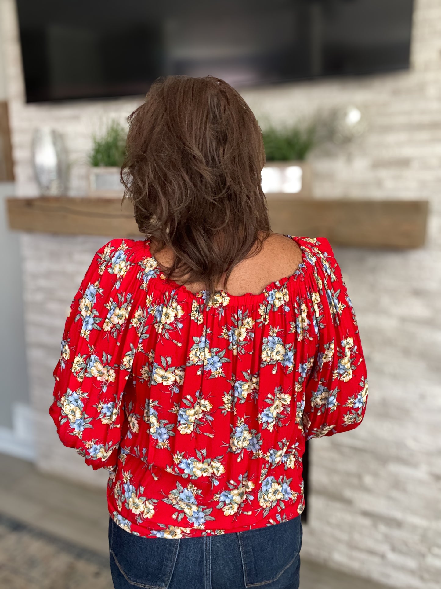 Red Floral Boho Blouse - Size Large