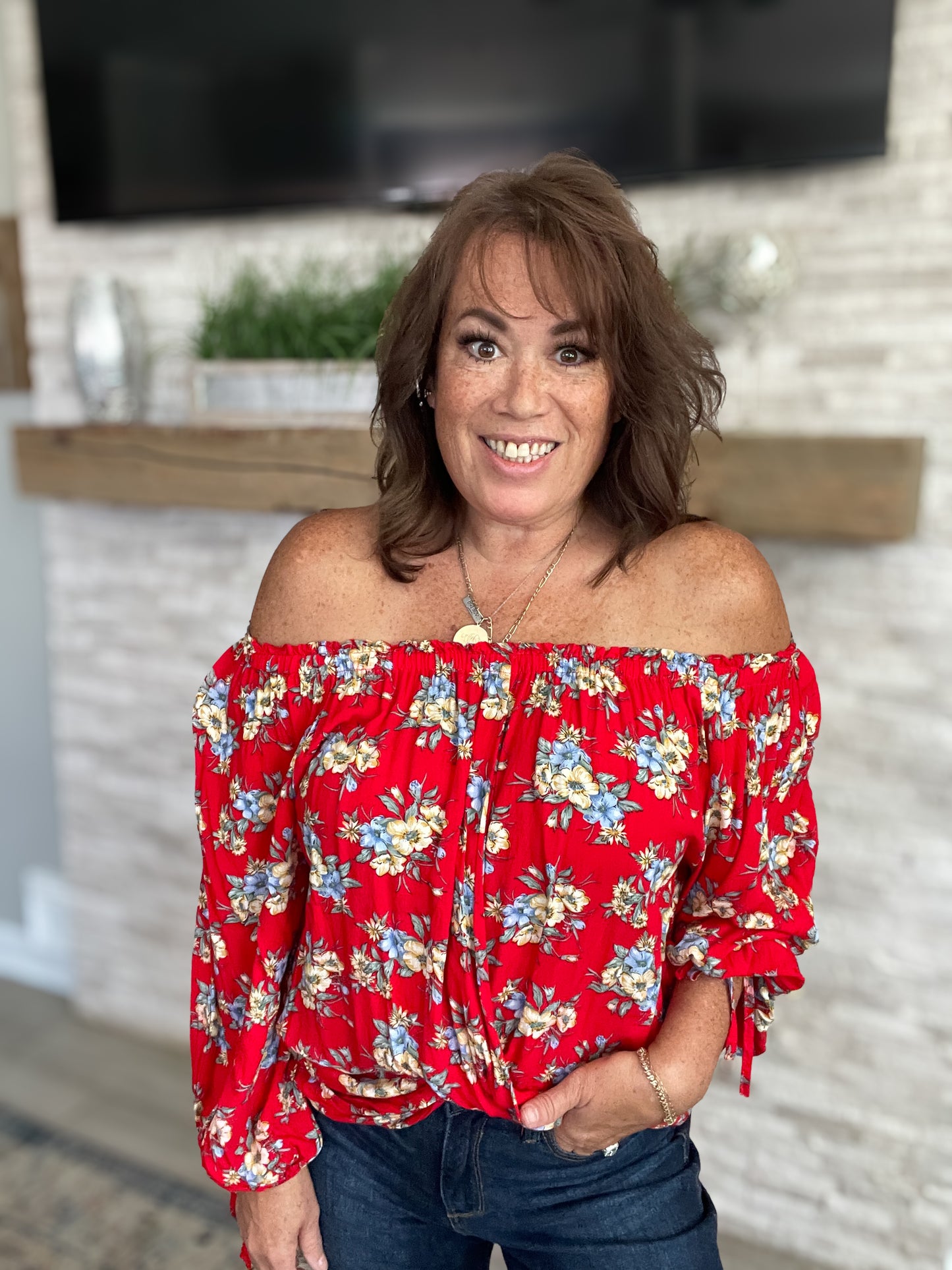 Red Floral Boho Blouse - Size Large