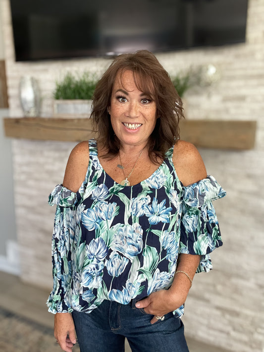 Navy Cold Shoulder Floral Top by Entro - Size Large