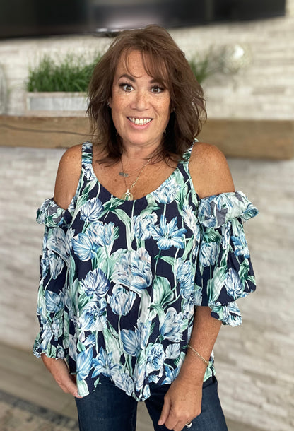 Navy Cold Shoulder Floral Top by Entro - Size Large