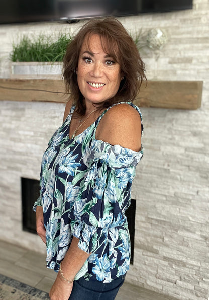 Navy Cold Shoulder Floral Top by Entro - Size Large