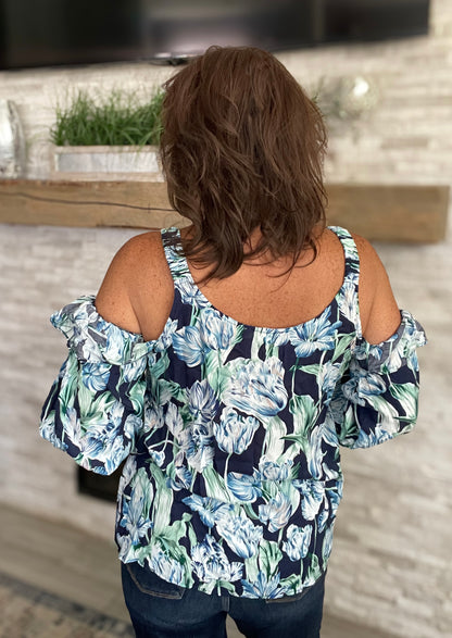 Navy Cold Shoulder Floral Top by Entro - Size Large