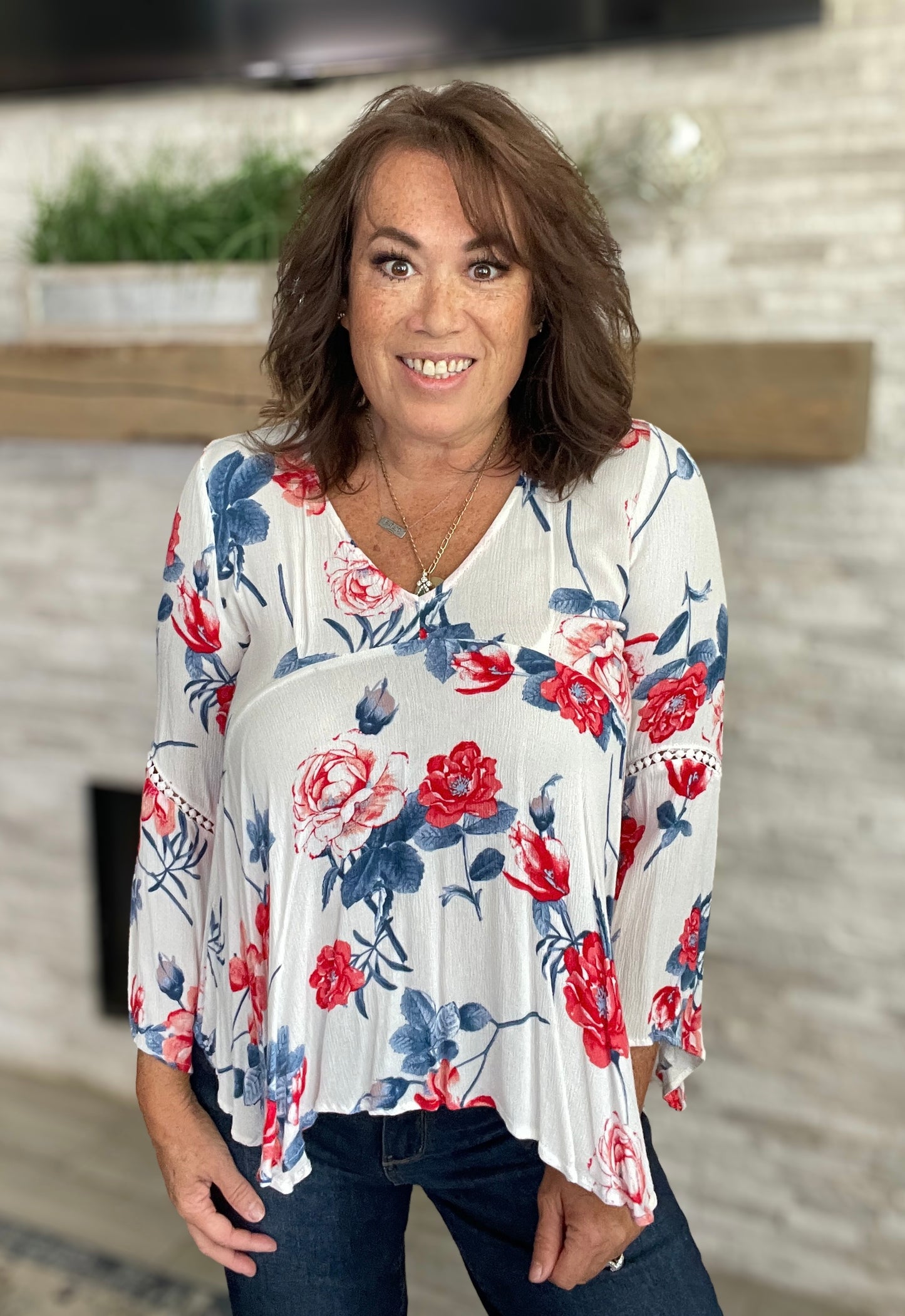 White Floral Baby Doll Long Sleeve Blouse- Size Small