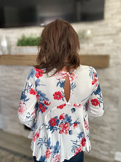 White Floral Baby Doll Long Sleeve Blouse- Size Small