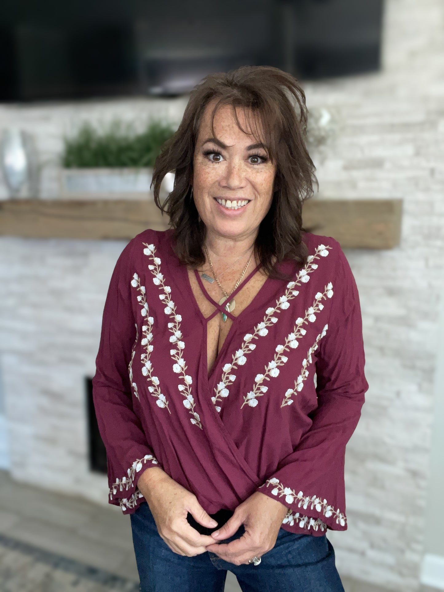Maroon Embroidered Top with Crisscross Neckline - Size Med