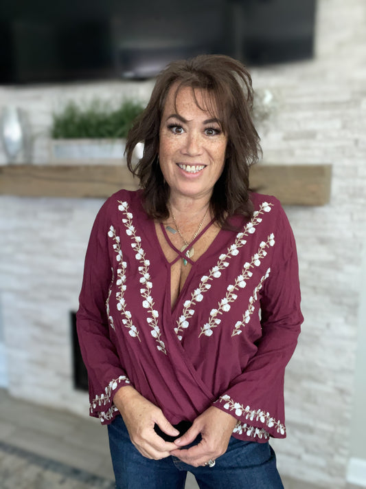 Maroon Embroidered Top with Crisscross Neckline - Size Med