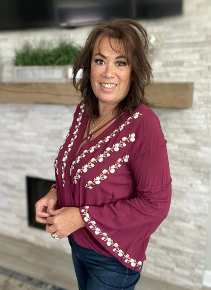 Maroon Embroidered Top with Crisscross Neckline - Size Med