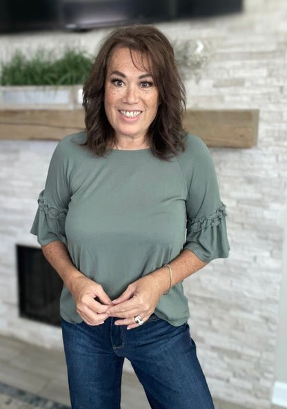 Olive Ruffle Sleeve Top - Size Med