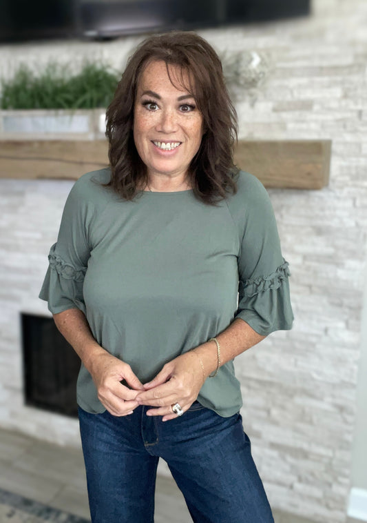 Olive Ruffle Sleeve Top - Size Med
