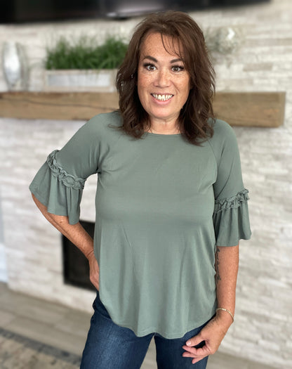 Olive Ruffle Sleeve Top - Size Med