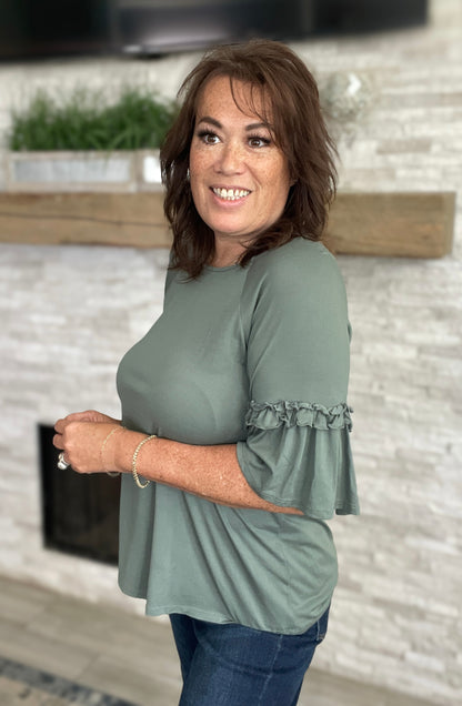 Olive Ruffle Sleeve Top - Size Med