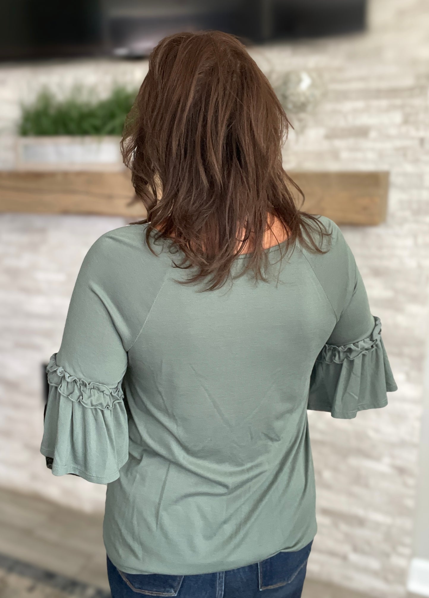 Olive Ruffle Sleeve Top - Size Med