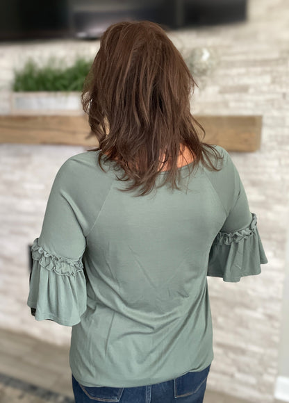 Olive Ruffle Sleeve Top - Size Med