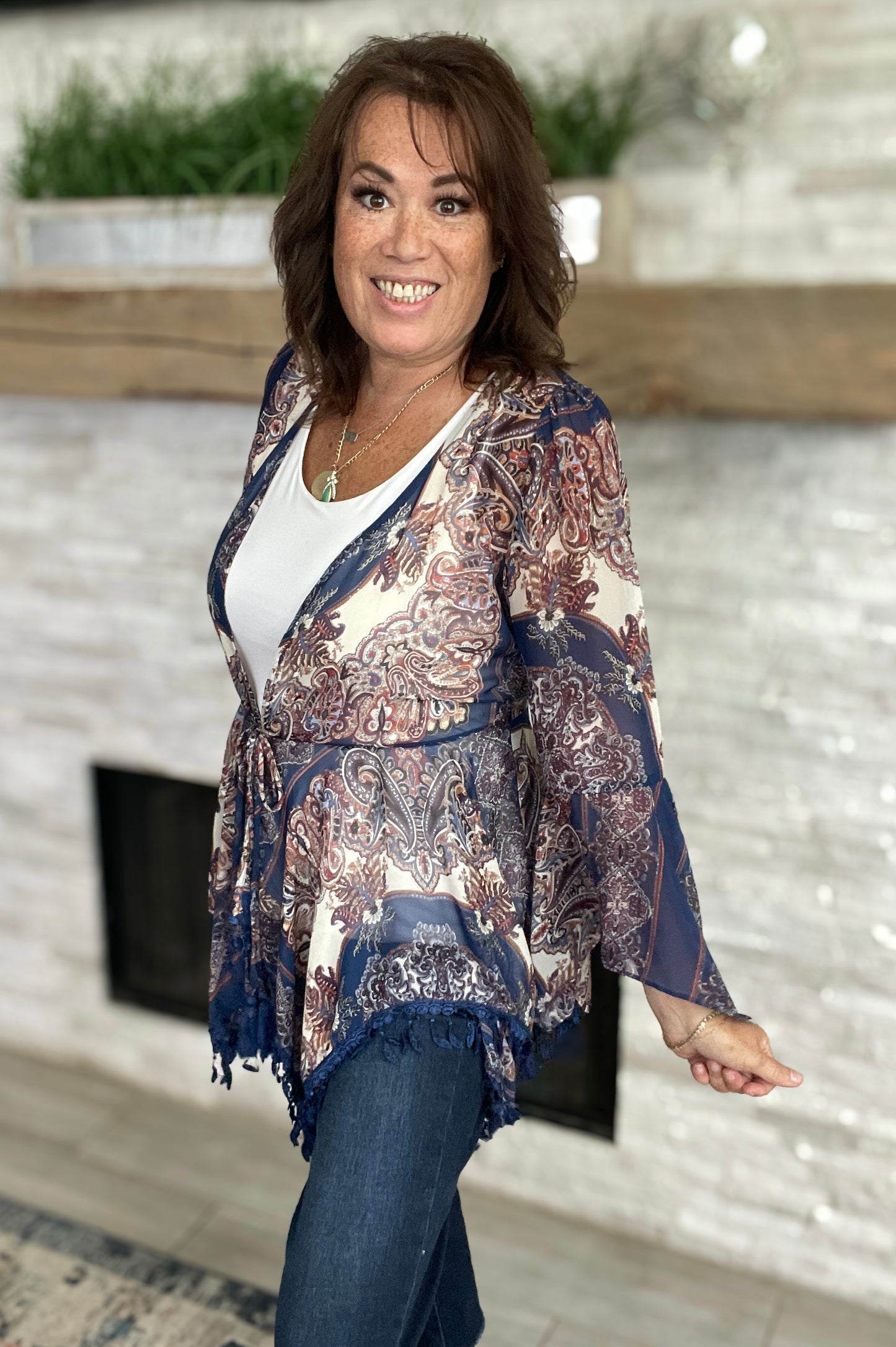 Navy Floral Short Kimono by Umgee - Size Large