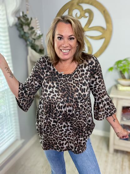 Leopard Print Babydoll Style Bell Sleeve Top - Size Small