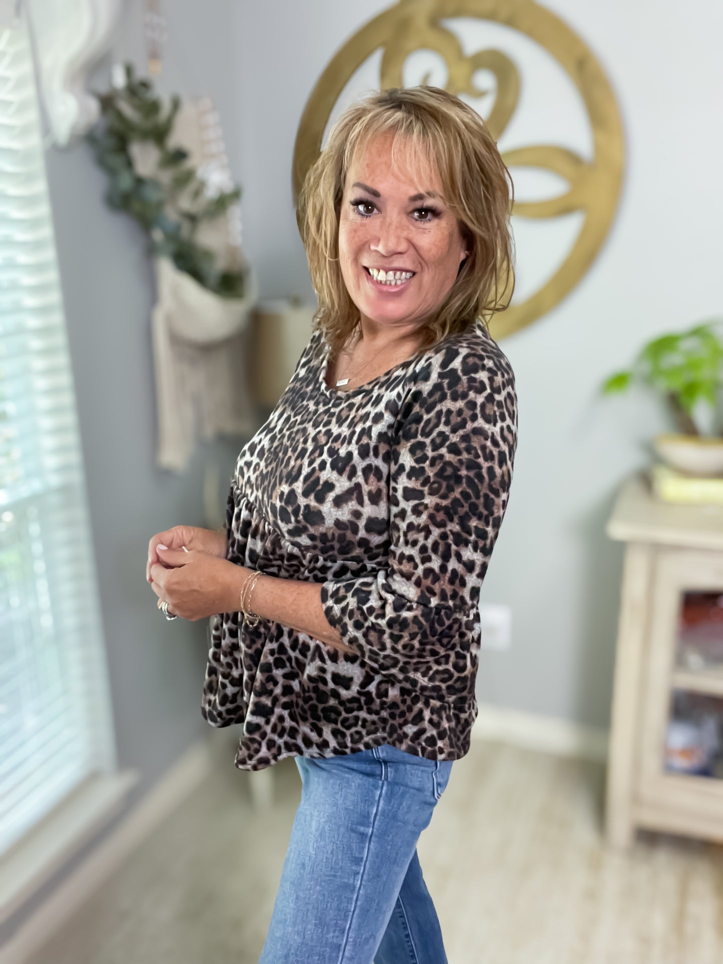 Leopard Print Babydoll Style Bell Sleeve Top - Size Small