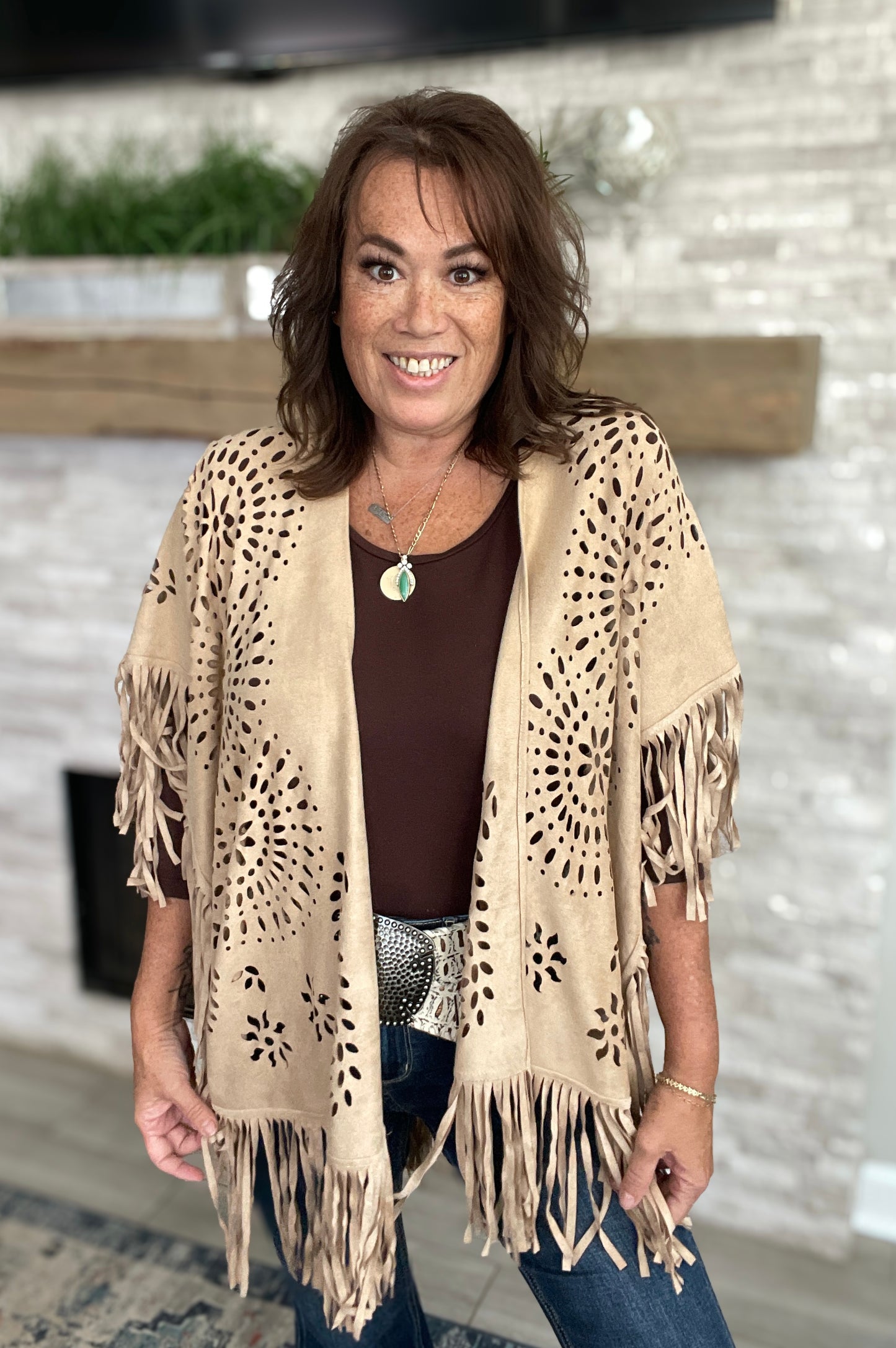 Faux Fringe Cutout Cape Taupe - One Size