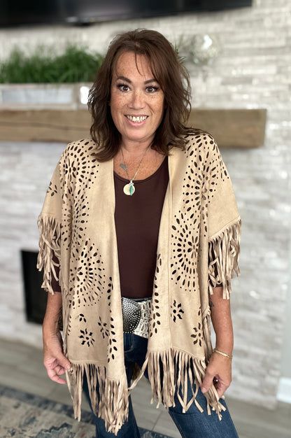 Faux Fringe Cutout Cape Taupe - One Size