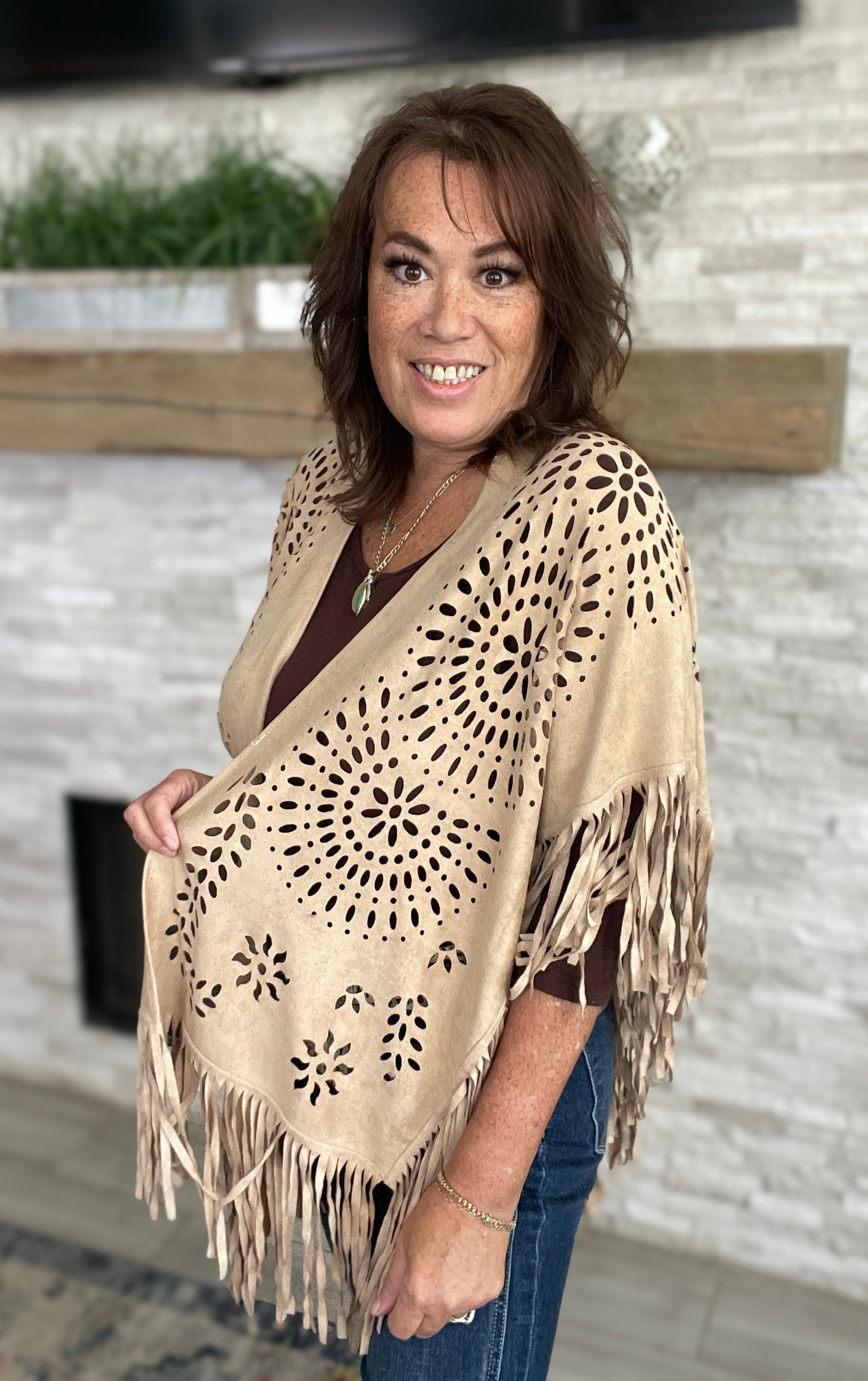 Faux Fringe Cutout Cape Taupe - One Size