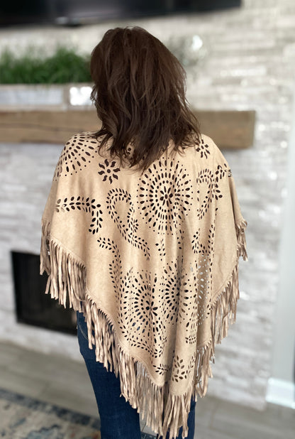 Faux Fringe Cutout Cape Taupe - One Size