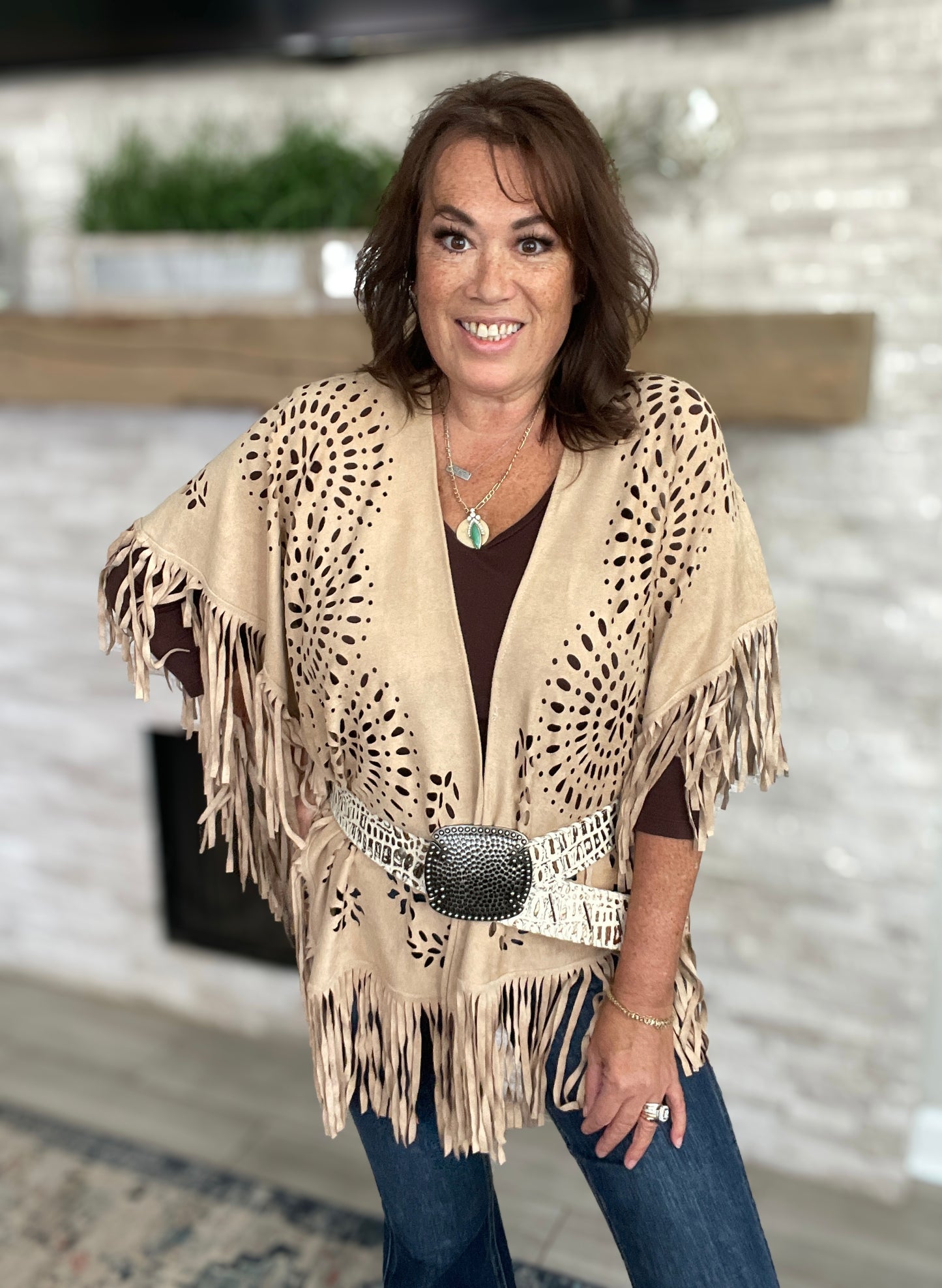 Faux Fringe Cutout Cape Taupe - One Size