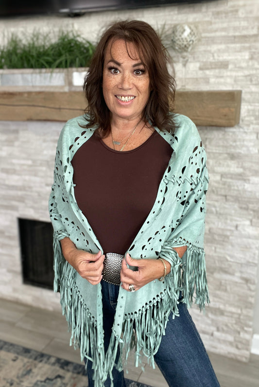 Faux Fringe Cutout Cape Turquoise - One Size