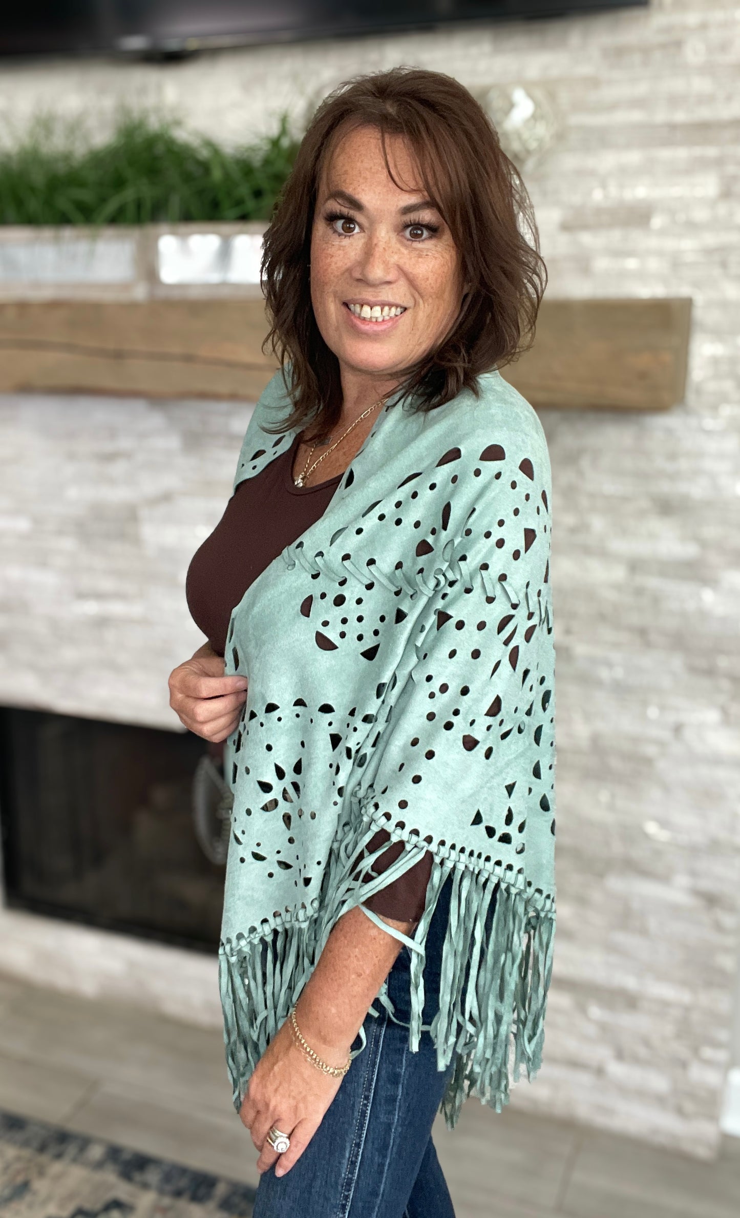 Faux Fringe Cutout Cape Turquoise - One Size