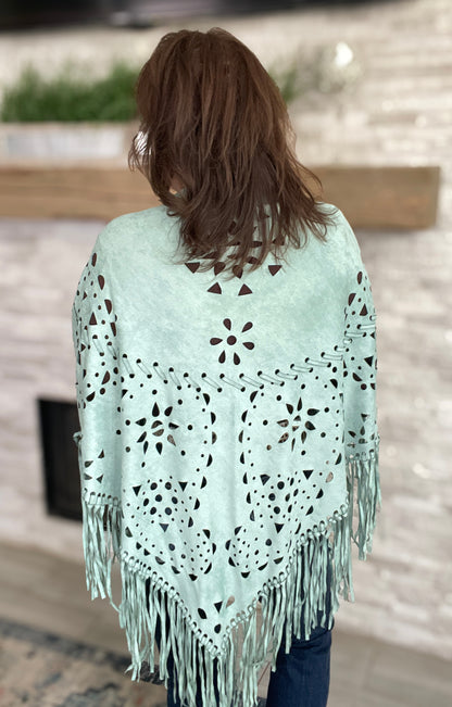 Faux Fringe Cutout Cape Turquoise - One Size