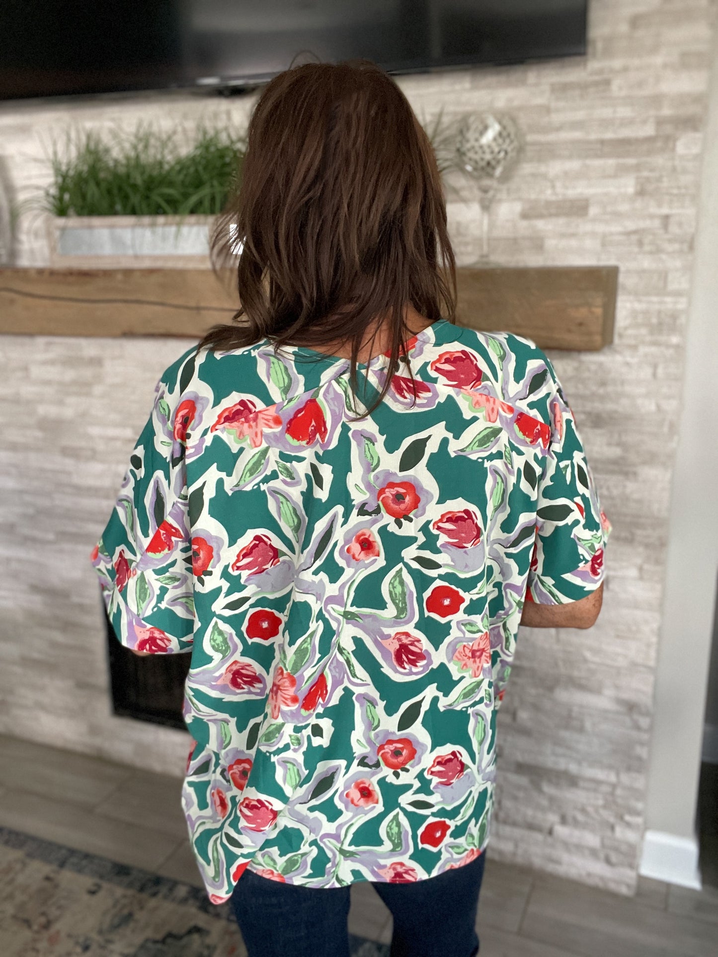 Green Floral Short Sleeve Blouse Top - Size Large