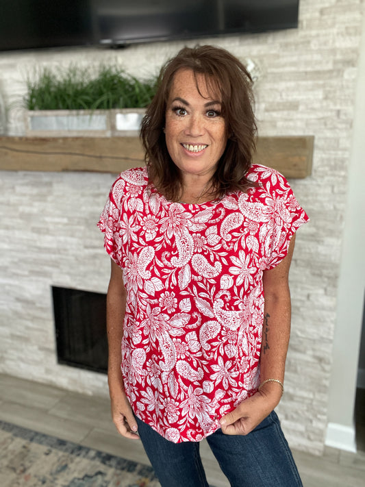 Red and White Floral Paisley Top by Loft - Size Large