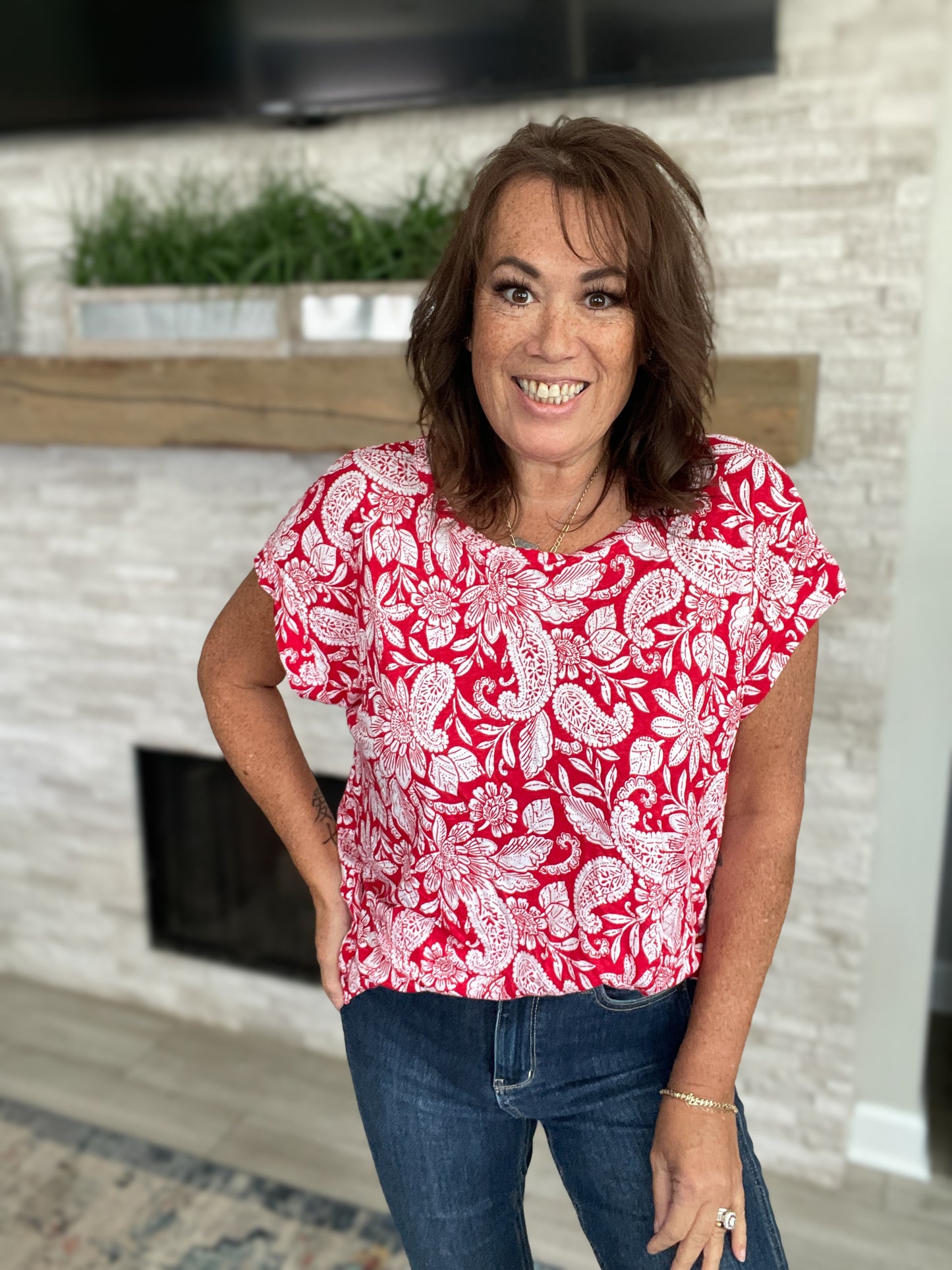 Red and White Floral Paisley Top by Loft - Size Large