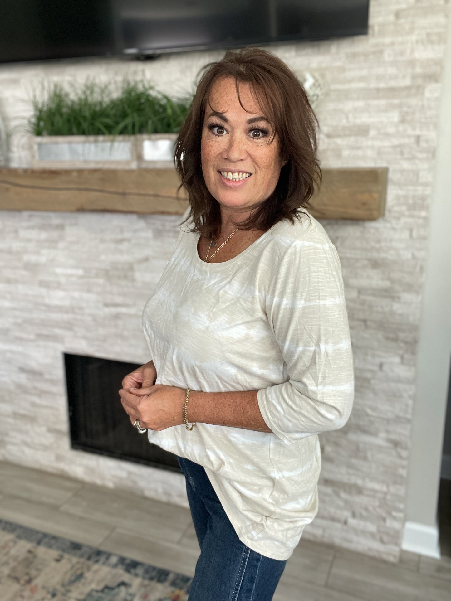 J Jill Pure Jill Ballet Sleeve Beige Striped Tunic - Size Large