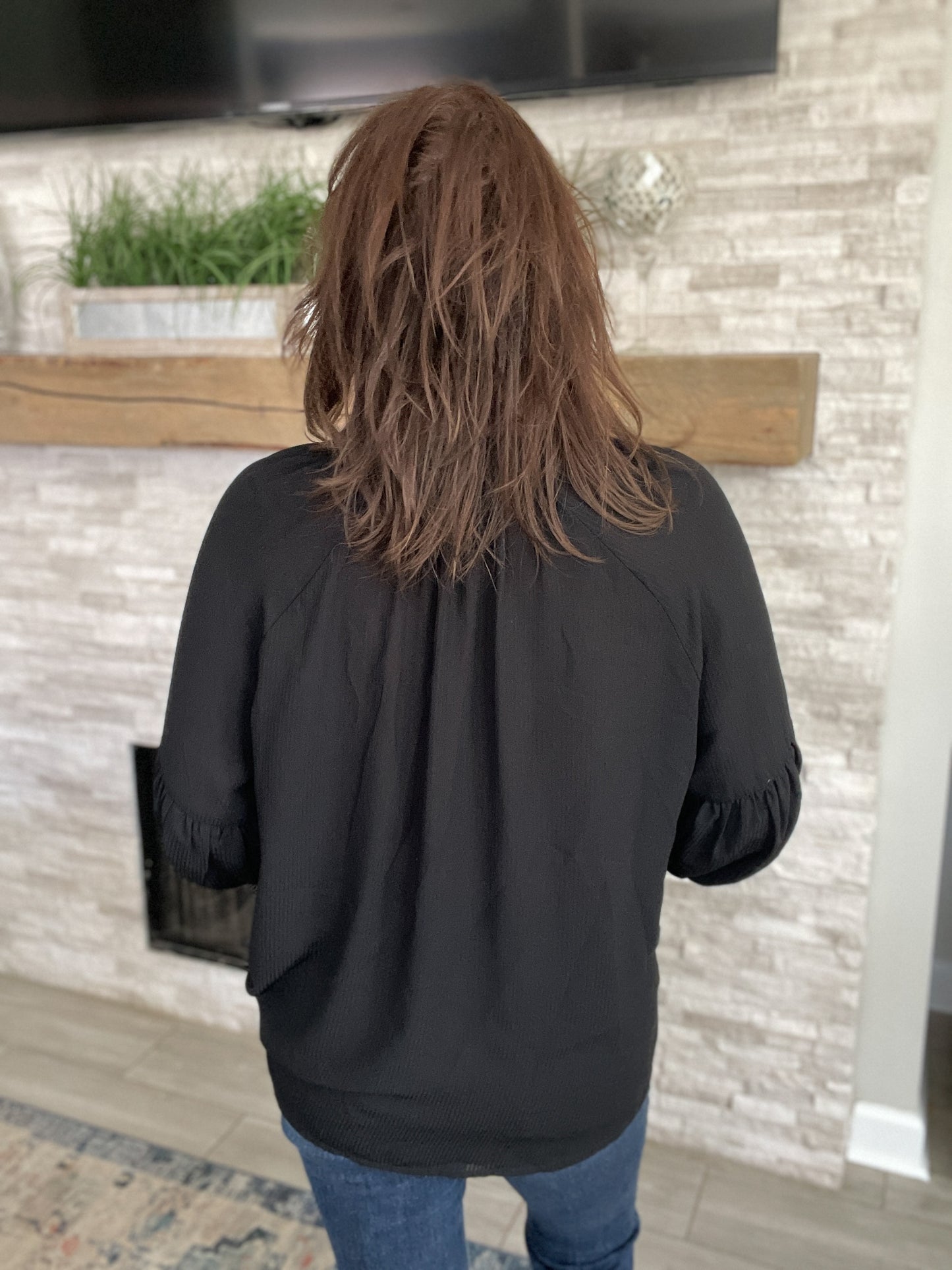 Flowy Mock Neck Bell Sleeve Peasant Top in Black by Loft - Size XL