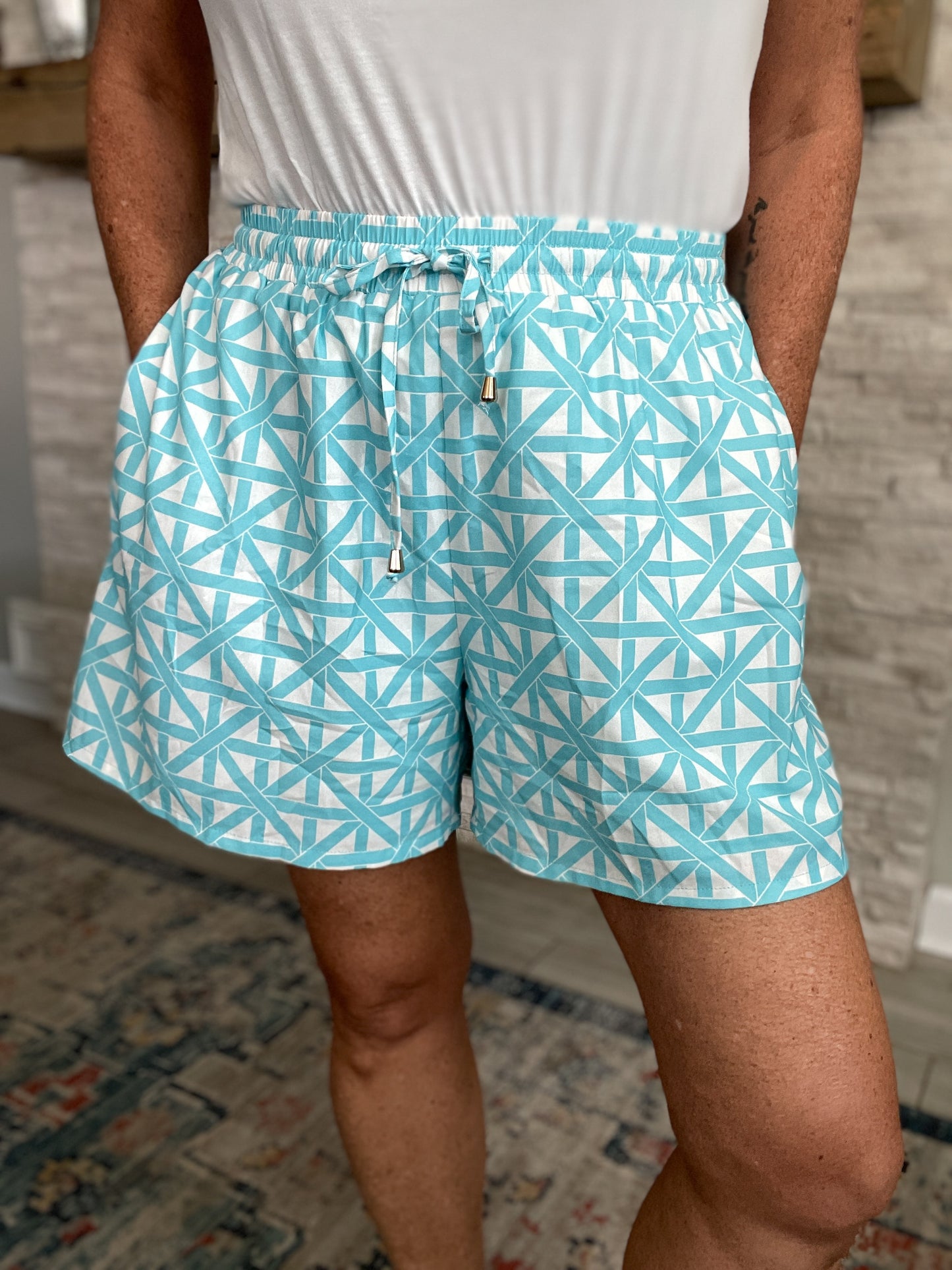 Blue and White Lattice Printed Shorts by SSYS - Size XL
