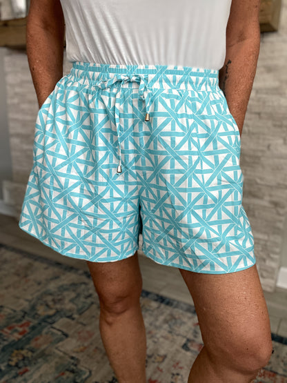 Blue and White Lattice Printed Shorts by SSYS - Size XL