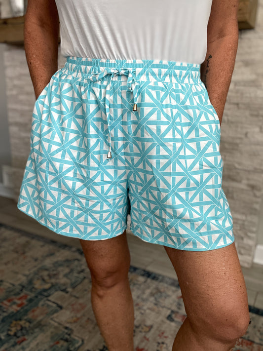Blue and White Lattice Printed Shorts by SSYS - Size XL