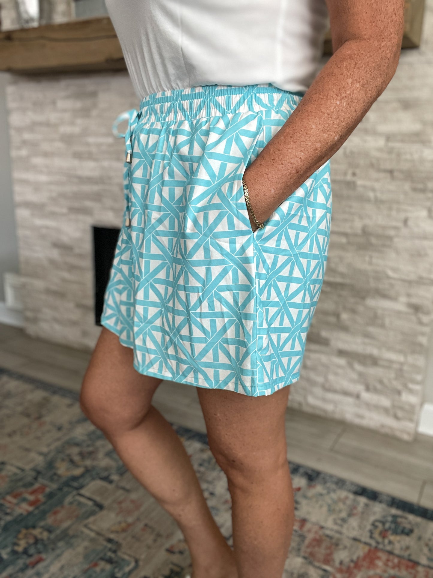 Blue and White Lattice Printed Shorts by SSYS - Size XL