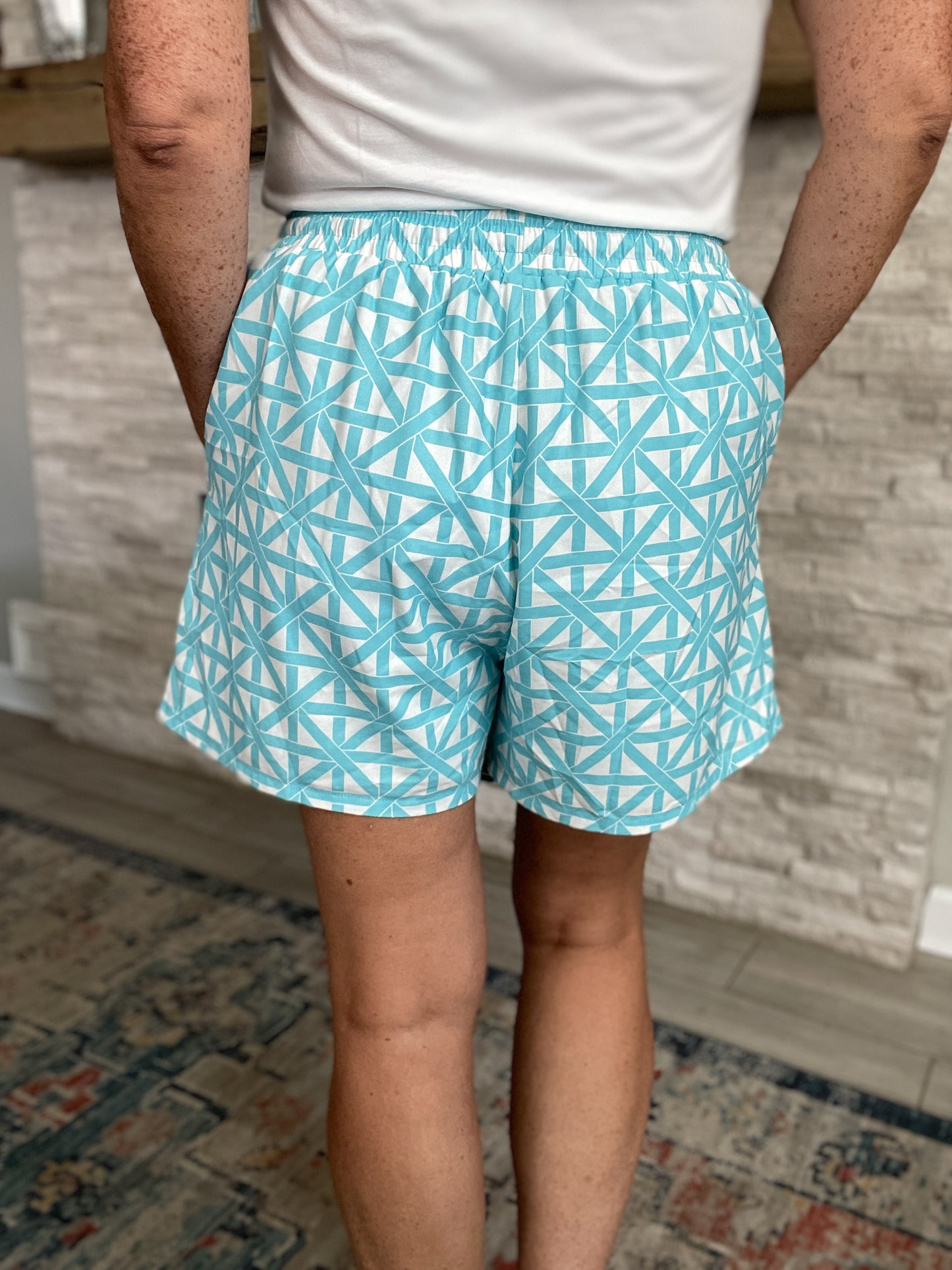 Blue and White Lattice Printed Shorts by SSYS - Size XL