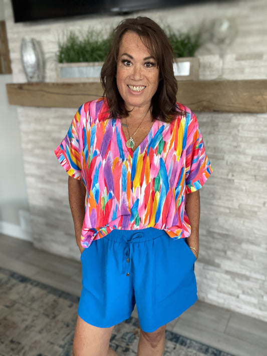 Blue Multi Color Abstract Top by SSYS - Size Large