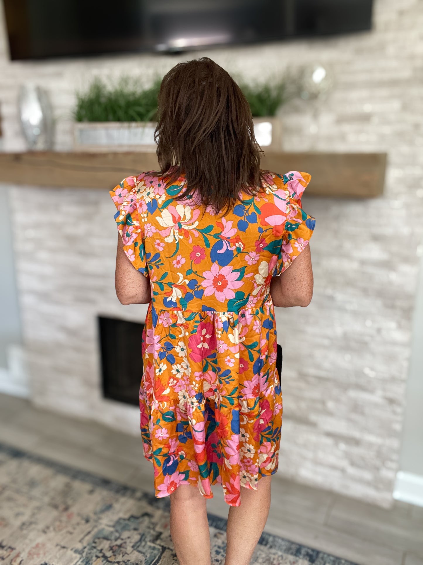 Harvest Gold Floral Flutter Sleeve Dress - Size XL