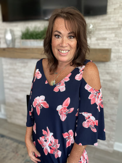 Navy Floral Cold Shoulder Dress - Size 14