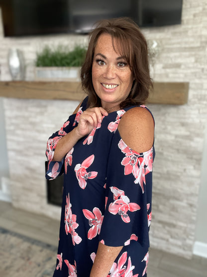 Navy Floral Cold Shoulder Dress - Size 14