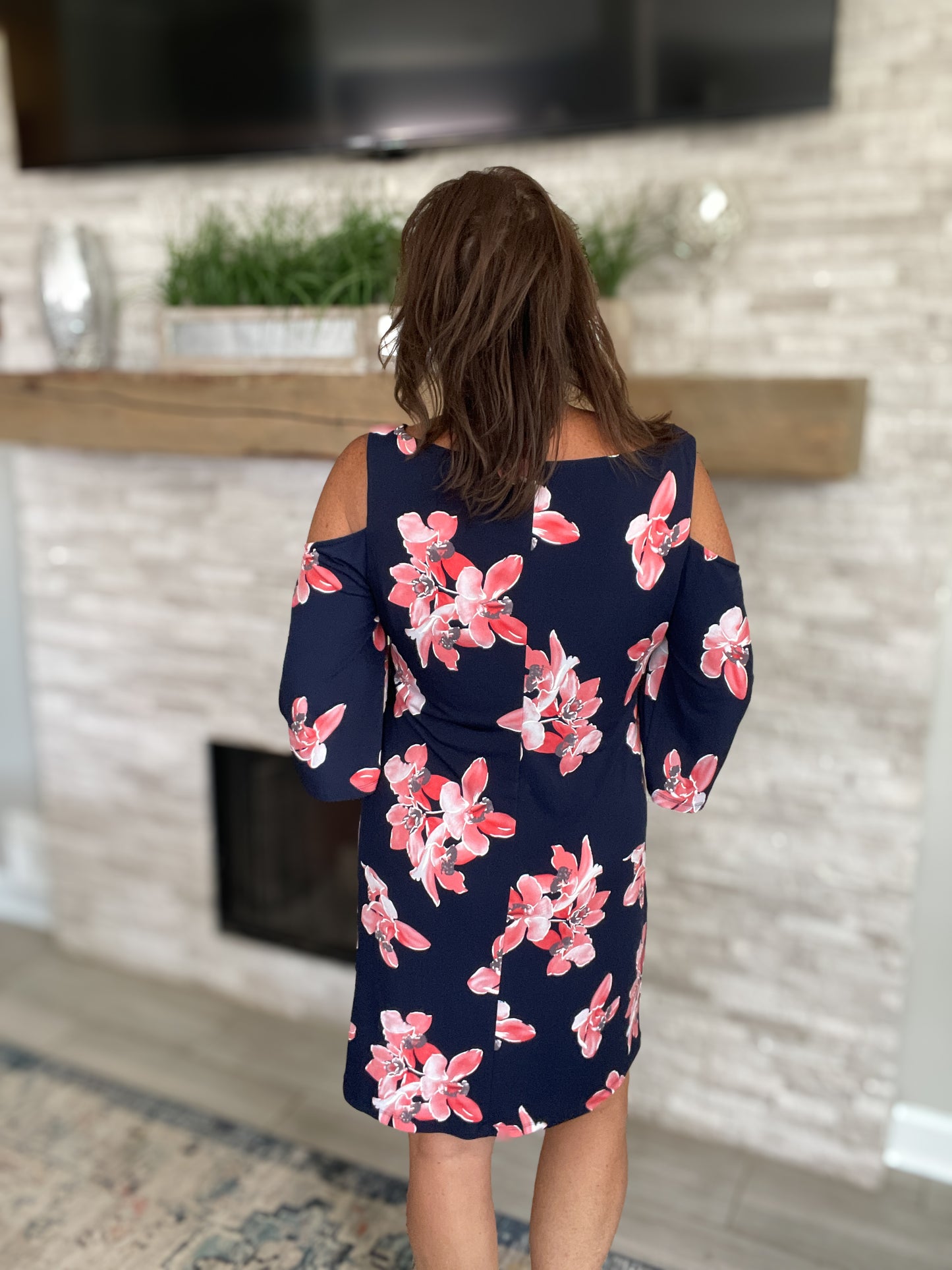 Navy Floral Cold Shoulder Dress - Size 14