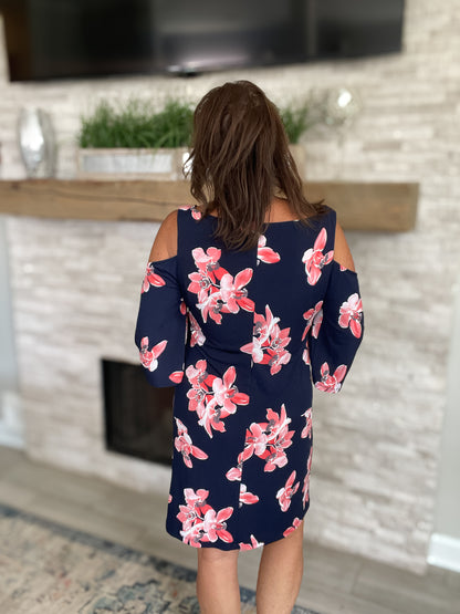 Navy Floral Cold Shoulder Dress - Size 14