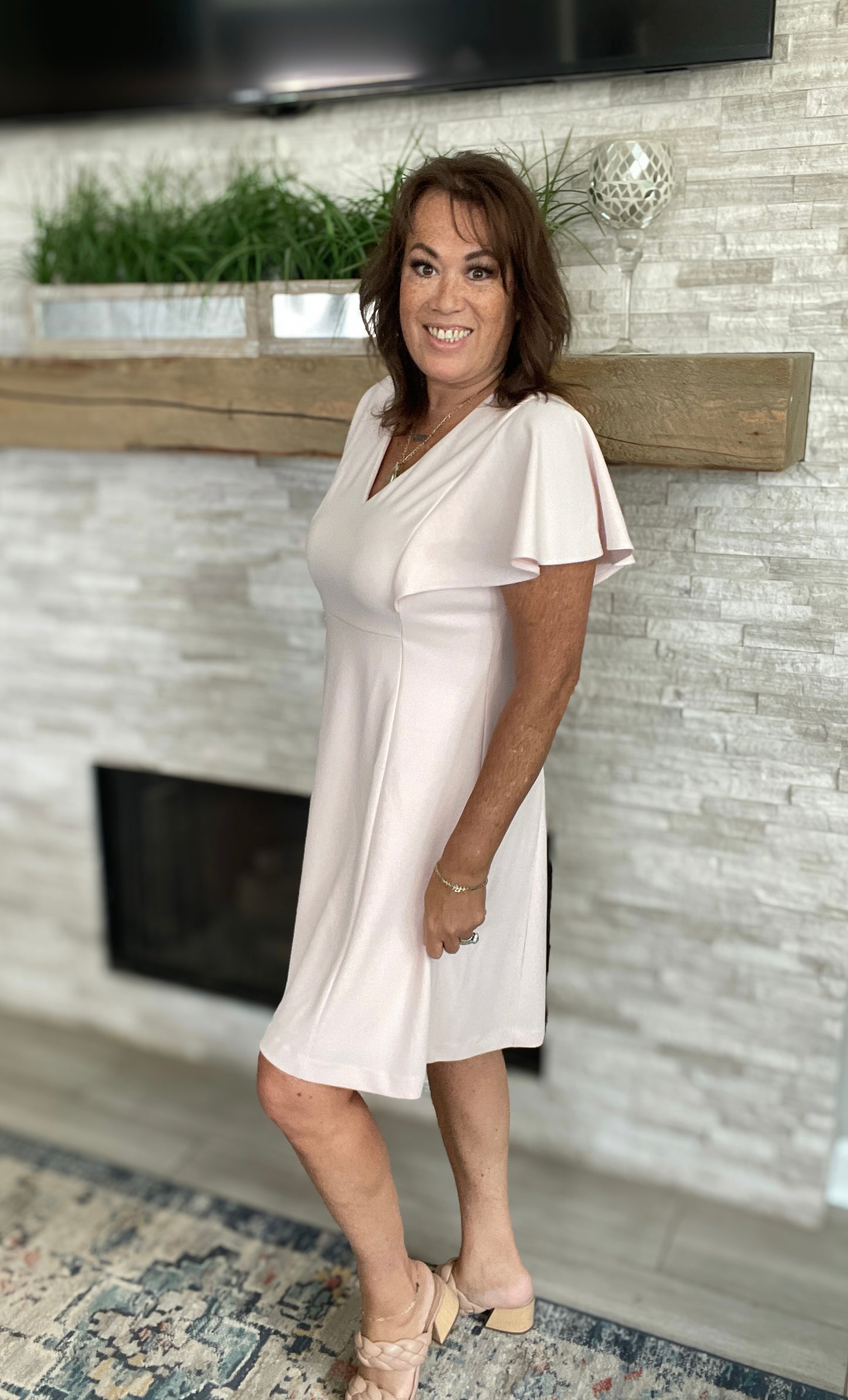 Flutter Sleeve A-line Dress In Blossom Pink by Calvin Klein - Size 14