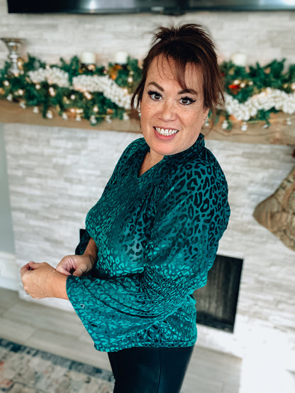 Green Velvet Leopard Print Top - Size Large
