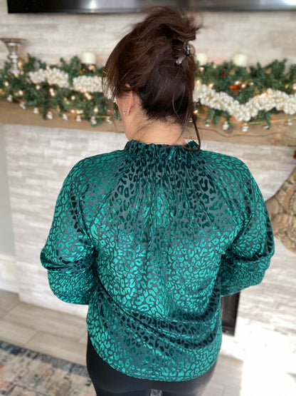 Green Velvet Leopard Print Top - Size Large