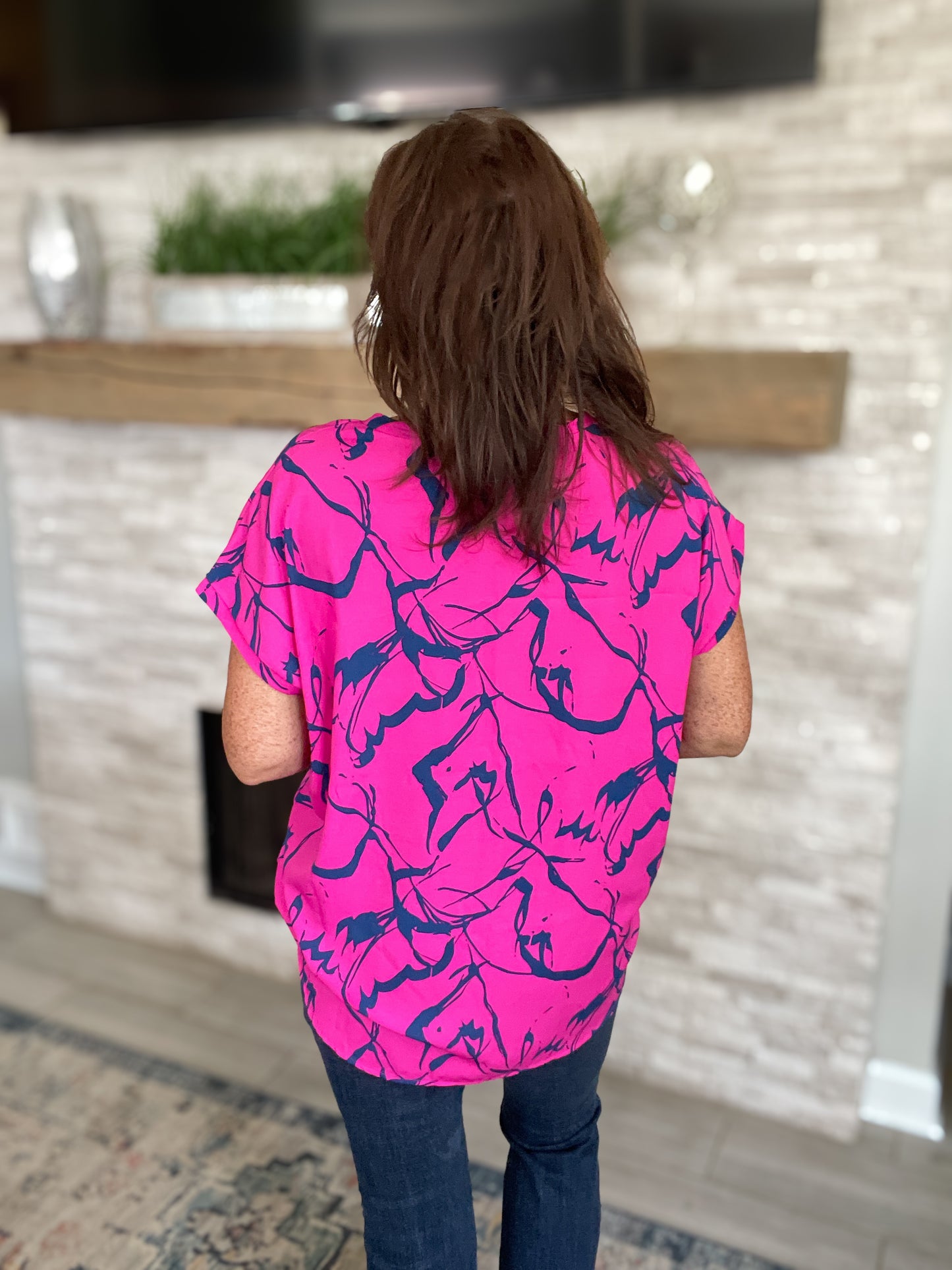 Magenta and Navy Printed Top - Size Large