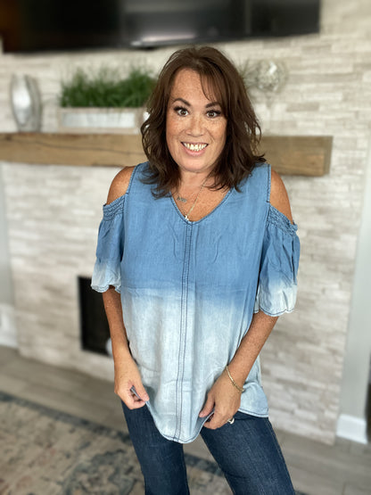 Chambray Denim Cold Shoulder Top - Size XL